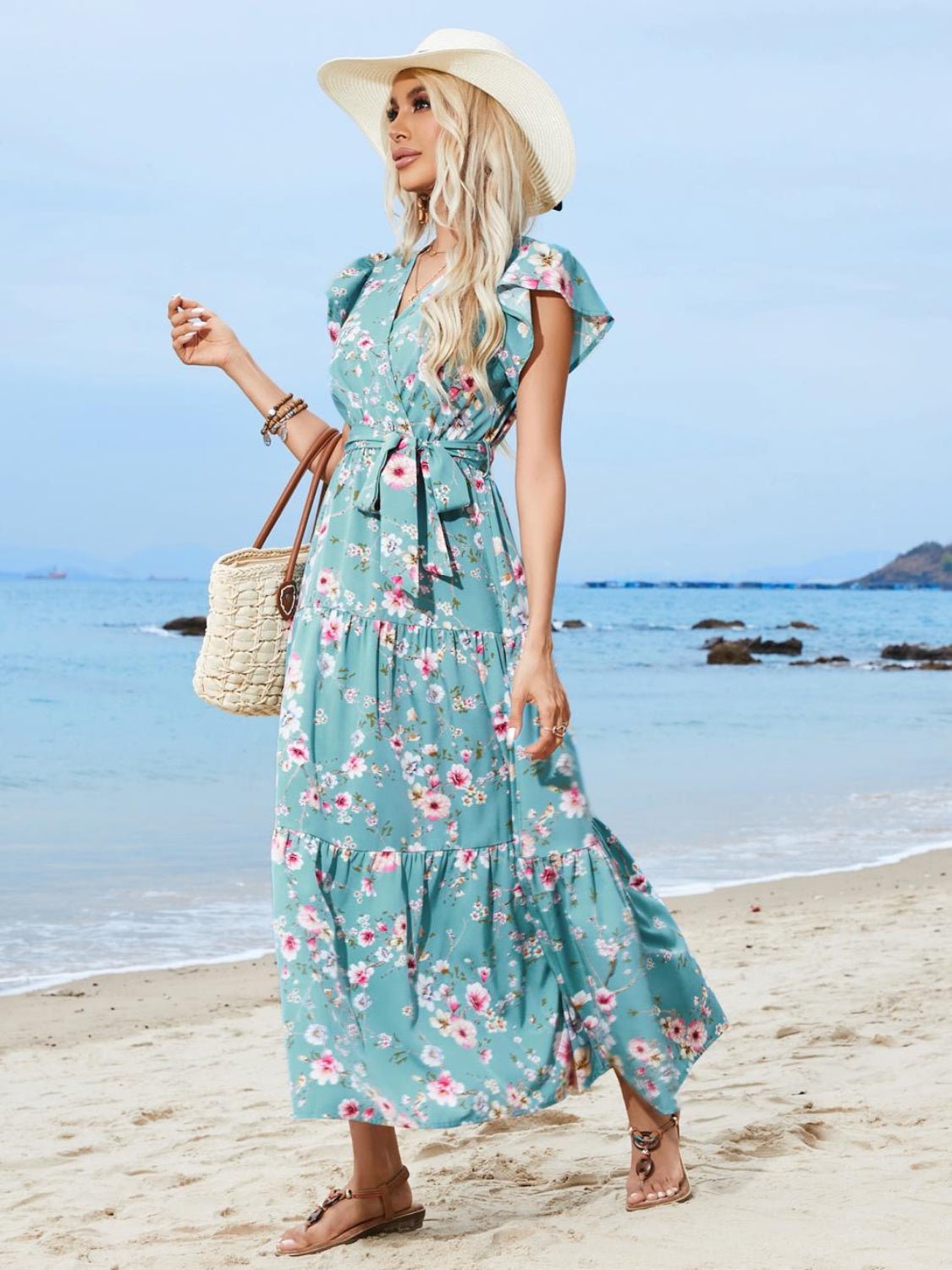 Ruffled Printed Surplice Cap Sleeve Midi Dress - Mervyns