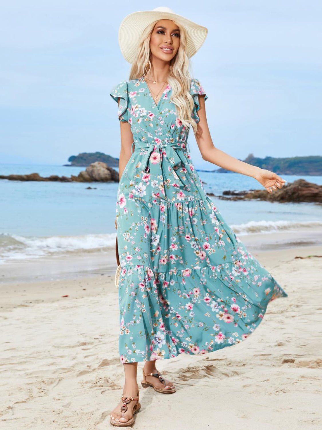 Ruffled Printed Surplice Cap Sleeve Midi Dress - Mervyns