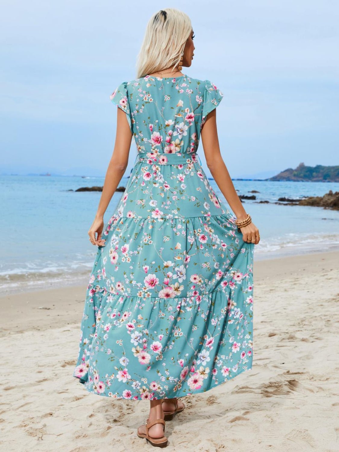 Ruffled Printed Surplice Cap Sleeve Midi Dress - Mervyns