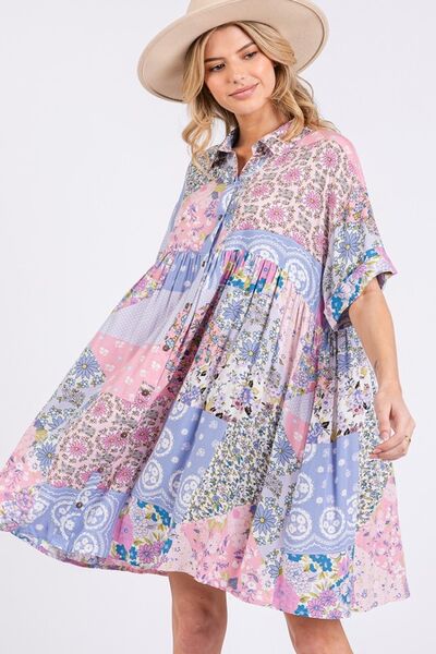 SAGE + FIG Floral Collared Neck Half Sleeve Mini Shirt Dress - Mervyns