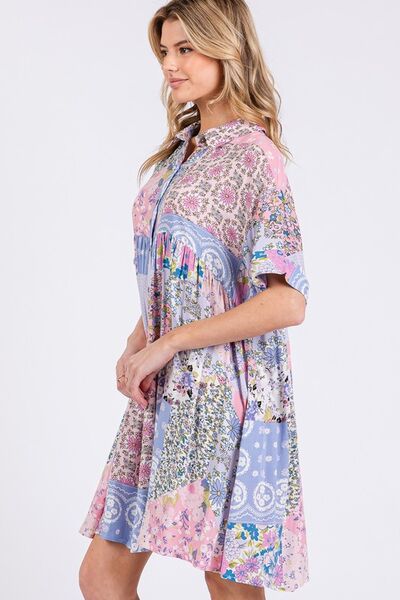SAGE + FIG Floral Collared Neck Half Sleeve Mini Shirt Dress - Mervyns