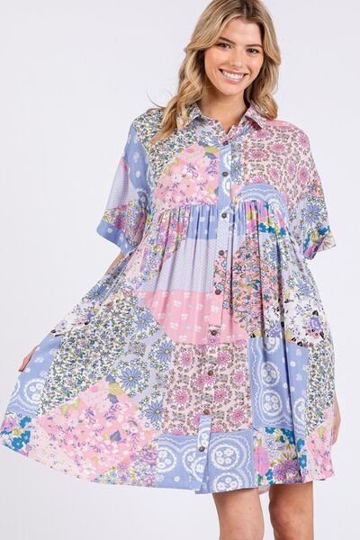 SAGE + FIG Floral Collared Neck Half Sleeve Mini Shirt Dress - Mervyns