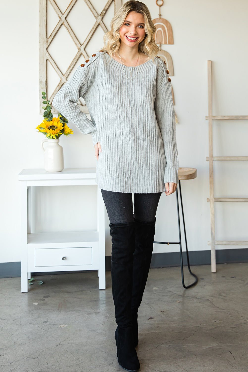 Side Slit Boat Neck Long Sleeve Sweater - Mervyns