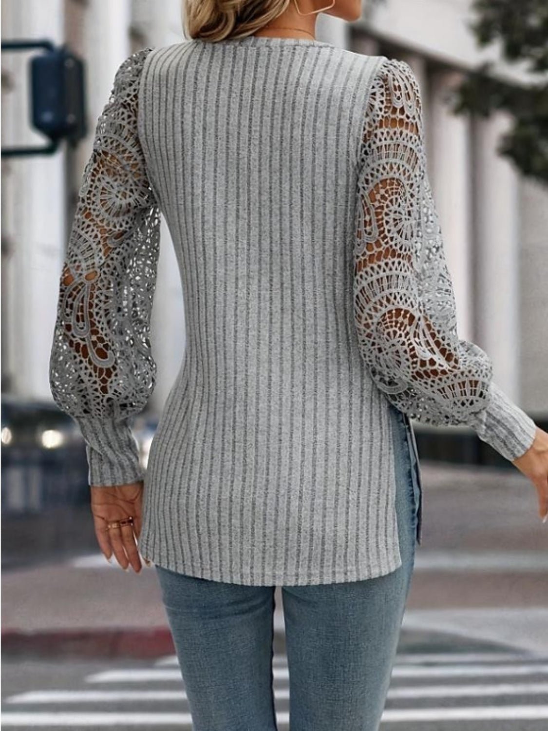 Side Slit V-Neck Lace Long Sleeve T-Shirt - Mervyns