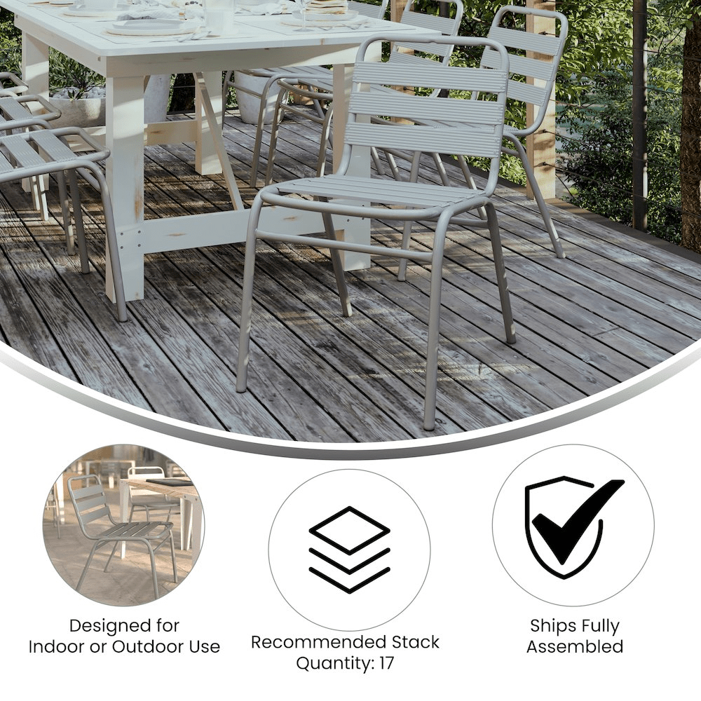 Silver Metal Indoor-Outdoor Restaurant Stack Chair with Metal Triple Slat Back - Mervyns