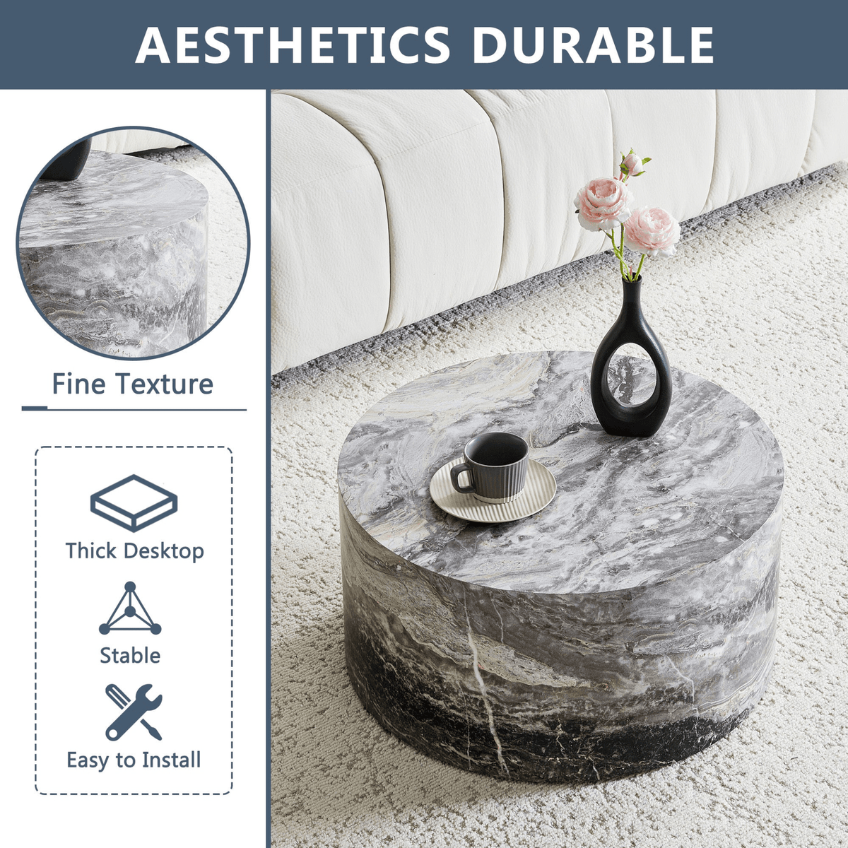 Simple Marble Texture Round MDF Coffee Table, Modern Minimalist Living Room - Mervyns