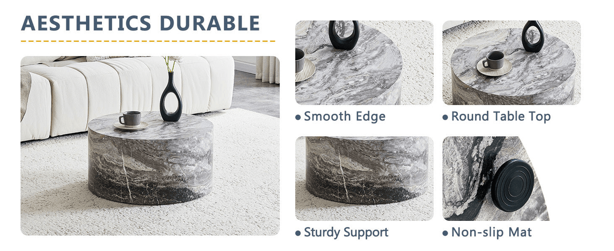 Simple Marble Texture Round MDF Coffee Table, Modern Minimalist Living Room - Mervyns