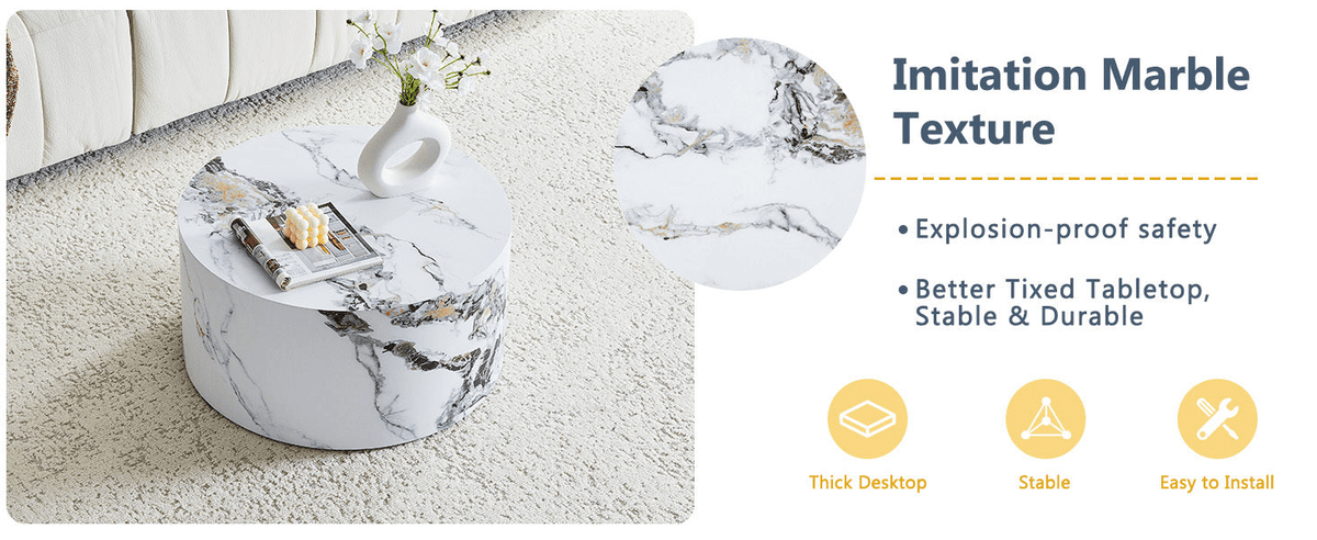 Simple Marble Texture Round MDF Coffee Table, Modern Minimalist Living Room - Mervyns