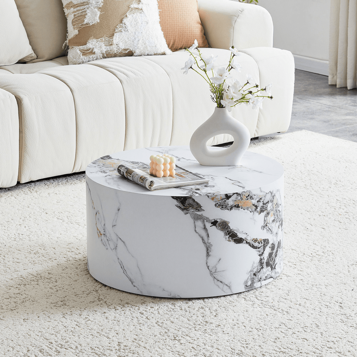 Simple Marble Texture Round MDF Coffee Table, Modern Minimalist Living Room - Mervyns