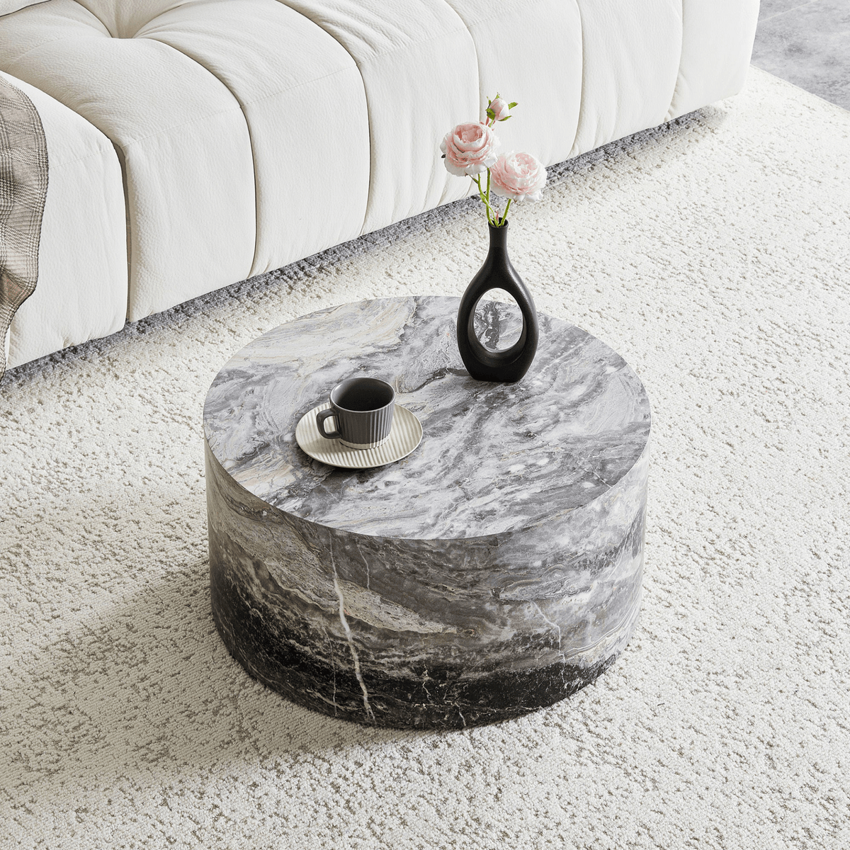 Simple Marble Texture Round MDF Coffee Table, Modern Minimalist Living Room - Mervyns