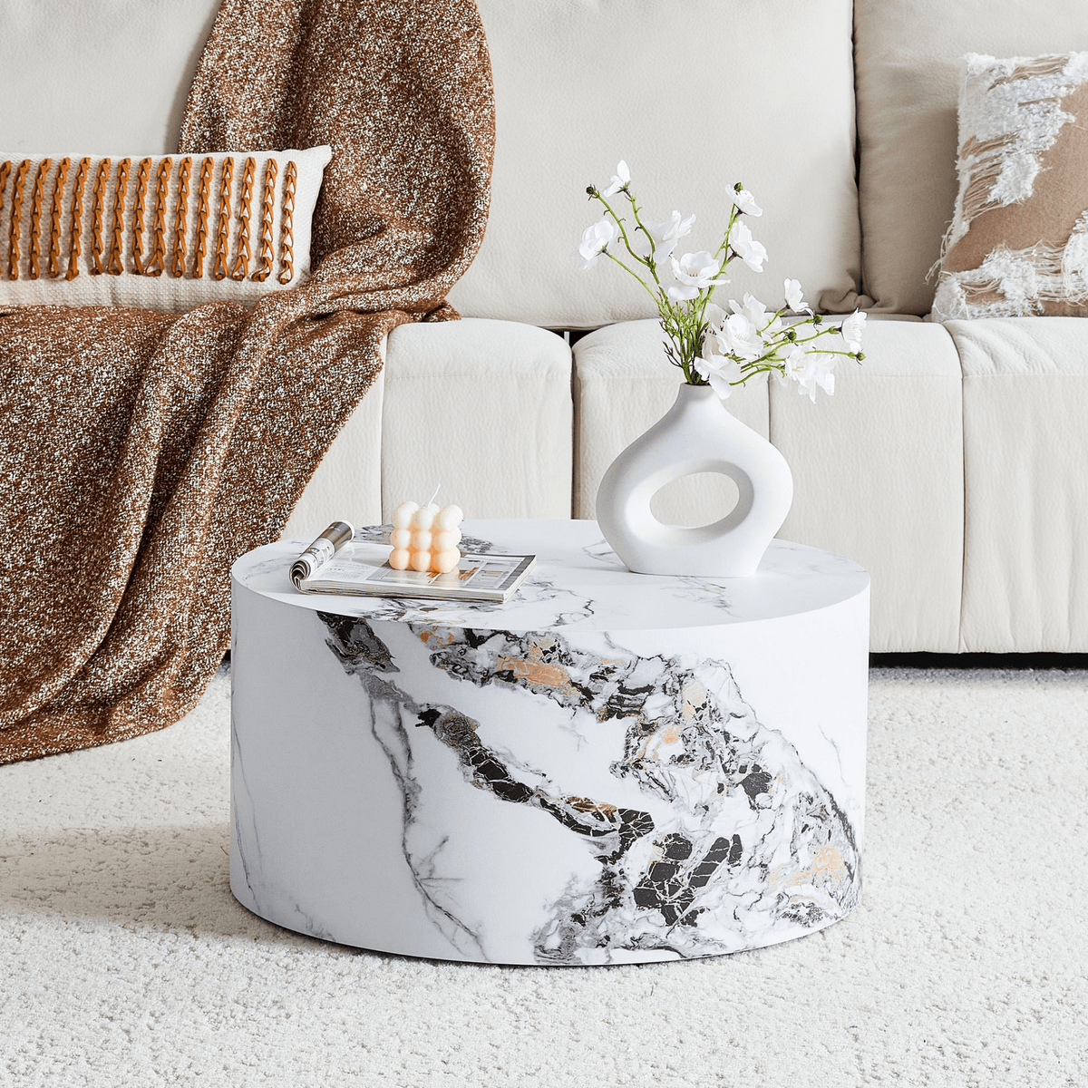 Simple Marble Texture Round MDF Coffee Table, Modern Minimalist Living Room - Mervyns