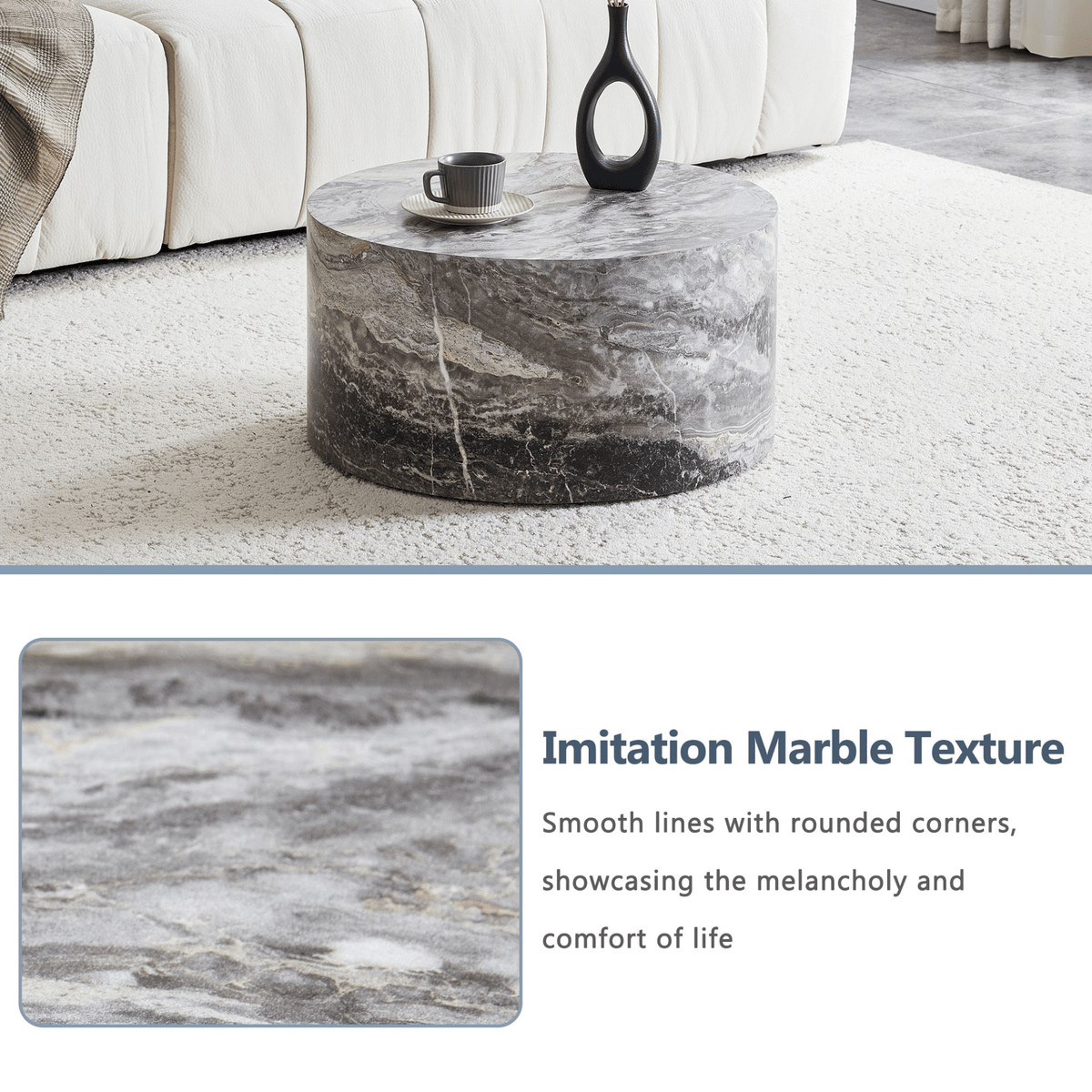 Simple Marble Texture Round MDF Coffee Table, Modern Minimalist Living Room - Mervyns