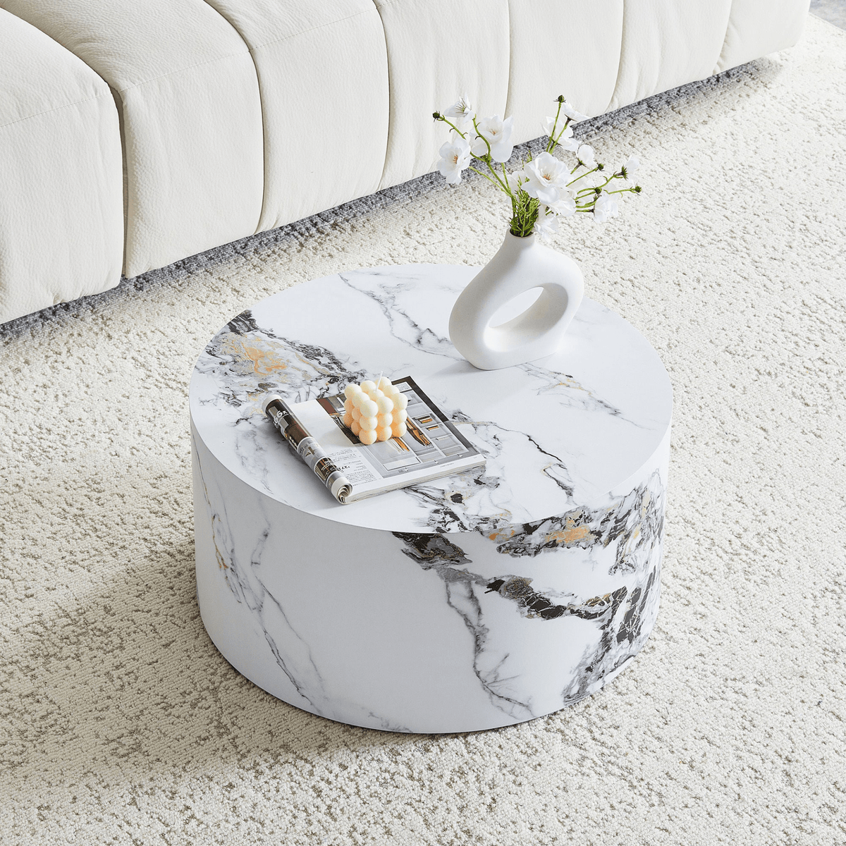 Simple Marble Texture Round MDF Coffee Table, Modern Minimalist Living Room - Mervyns