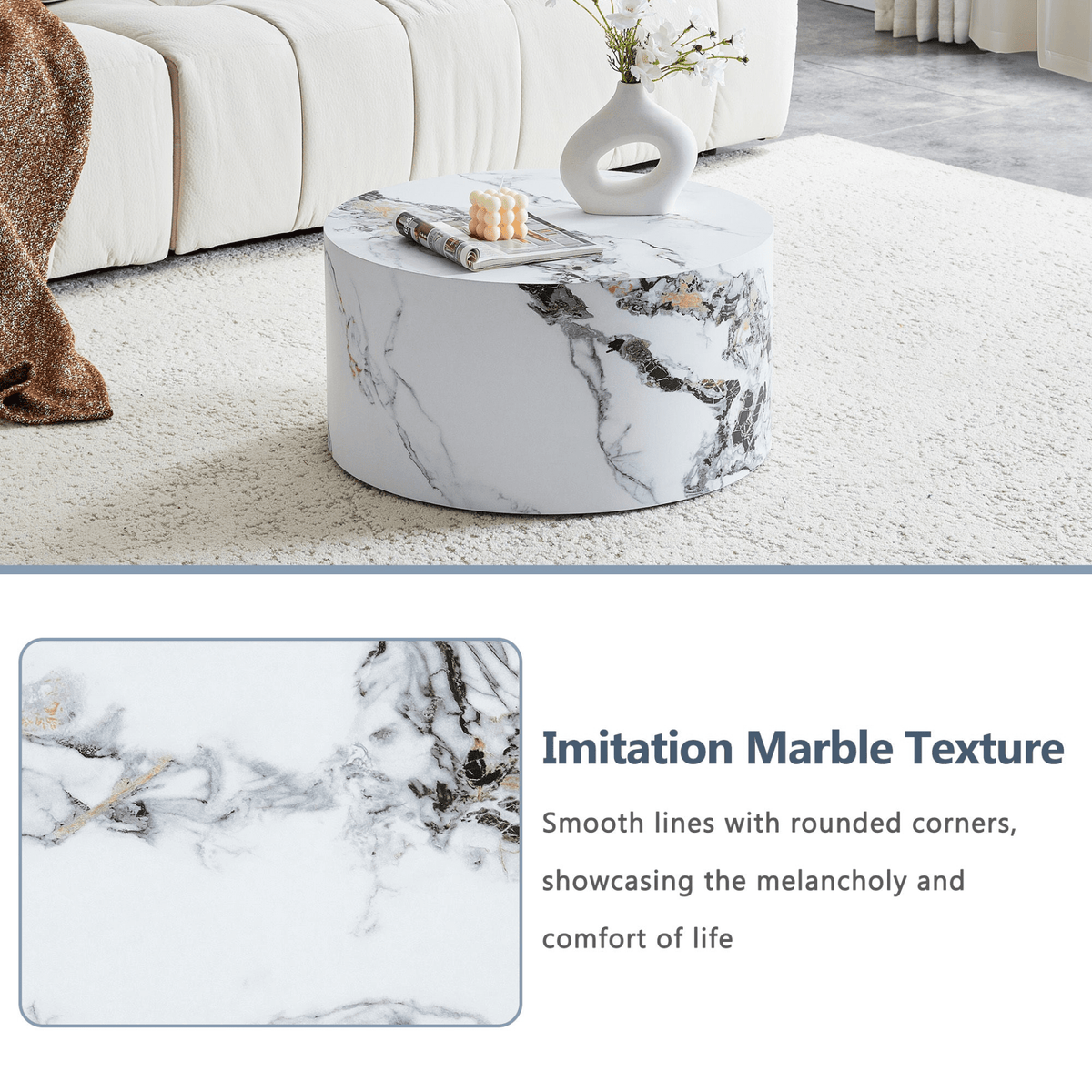 Simple Marble Texture Round MDF Coffee Table, Modern Minimalist Living Room - Mervyns