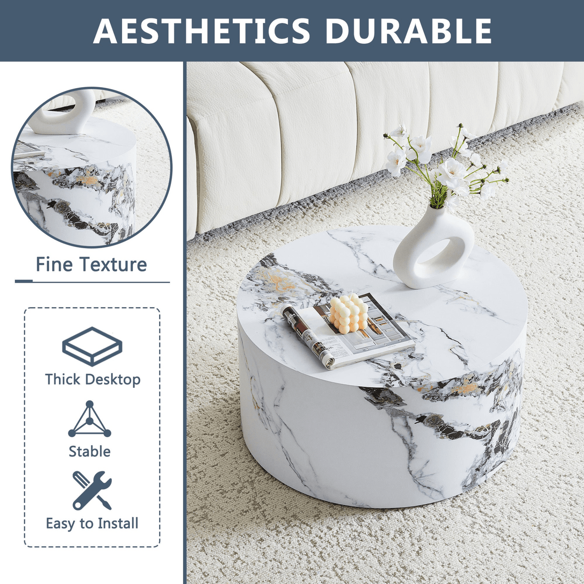 Simple Marble Texture Round MDF Coffee Table, Modern Minimalist Living Room - Mervyns