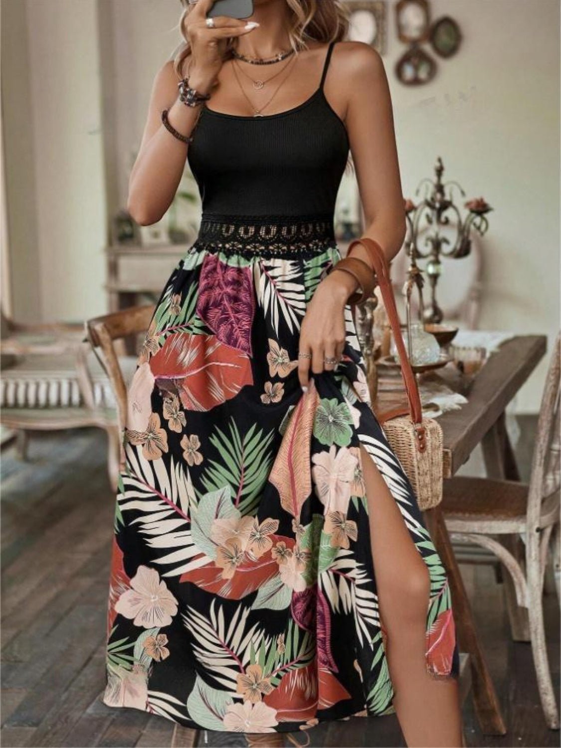 Slit Printed Scoop Neck Cami Dress - Mervyns