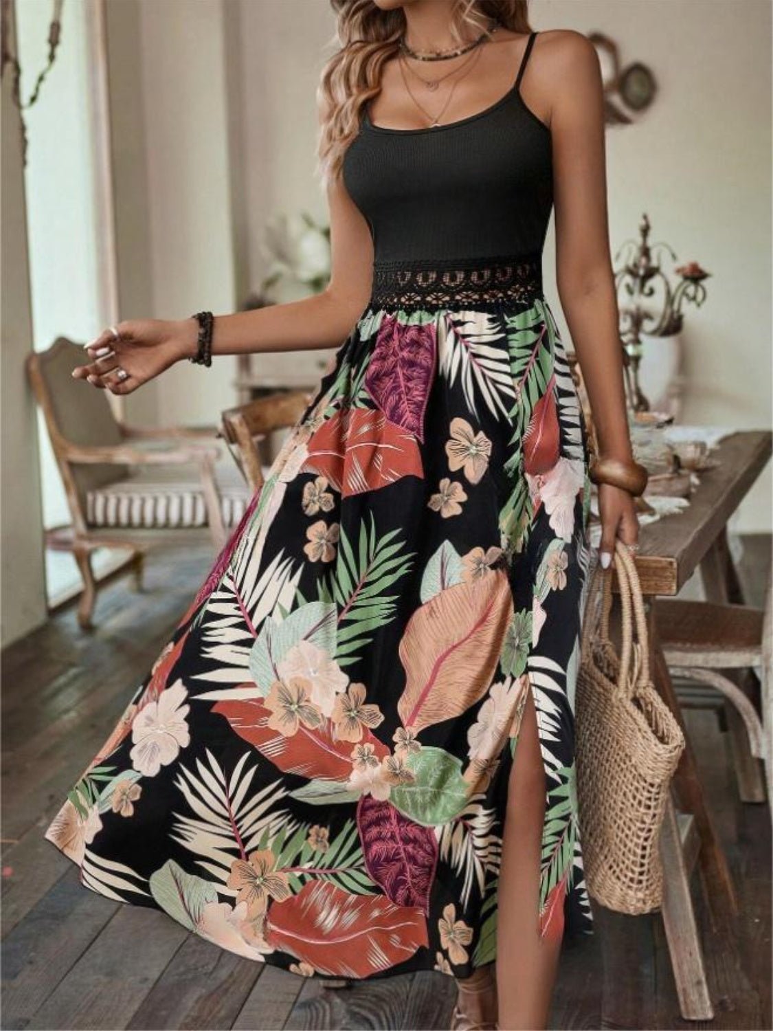 Slit Printed Scoop Neck Cami Dress - Mervyns