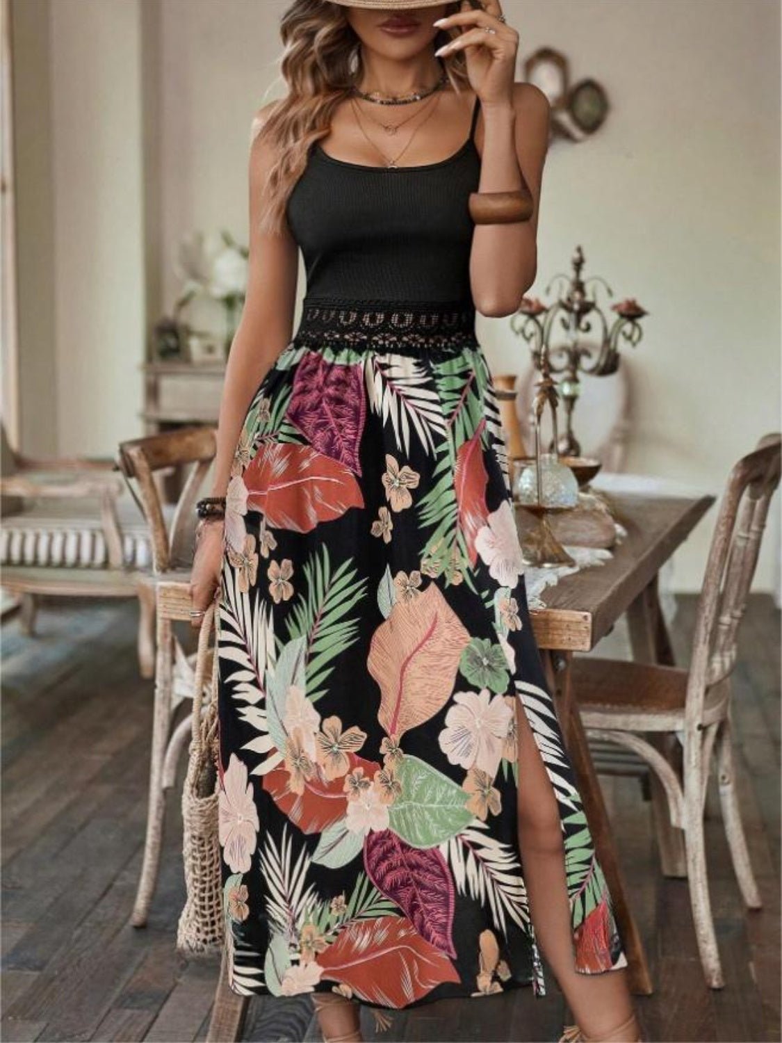 Slit Printed Scoop Neck Cami Dress - Mervyns