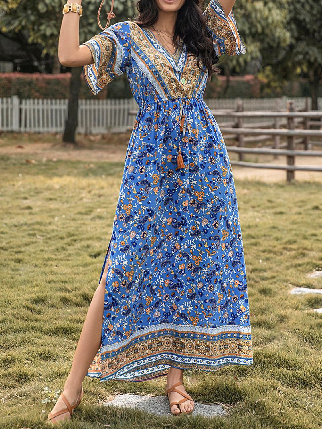 Slit Printed V-Neck Half Sleeve Maxi Dress - Mervyns
