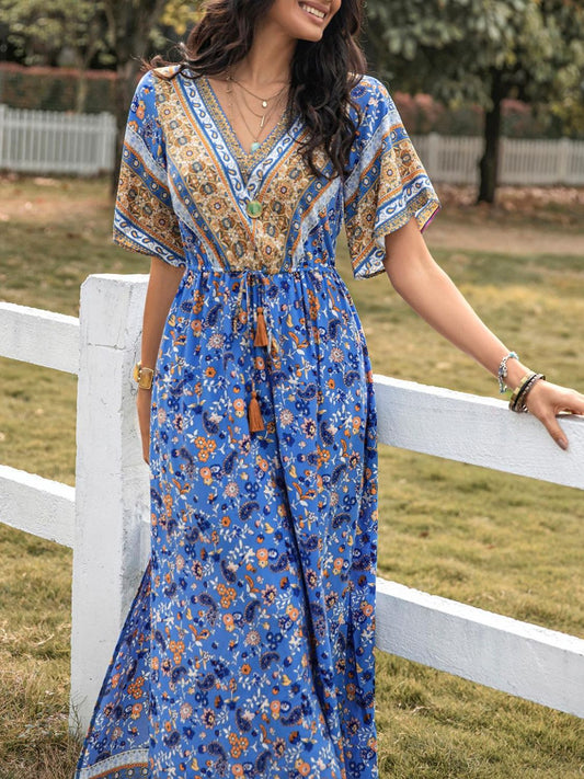 Slit Printed V-Neck Half Sleeve Maxi Dress - Mervyns
