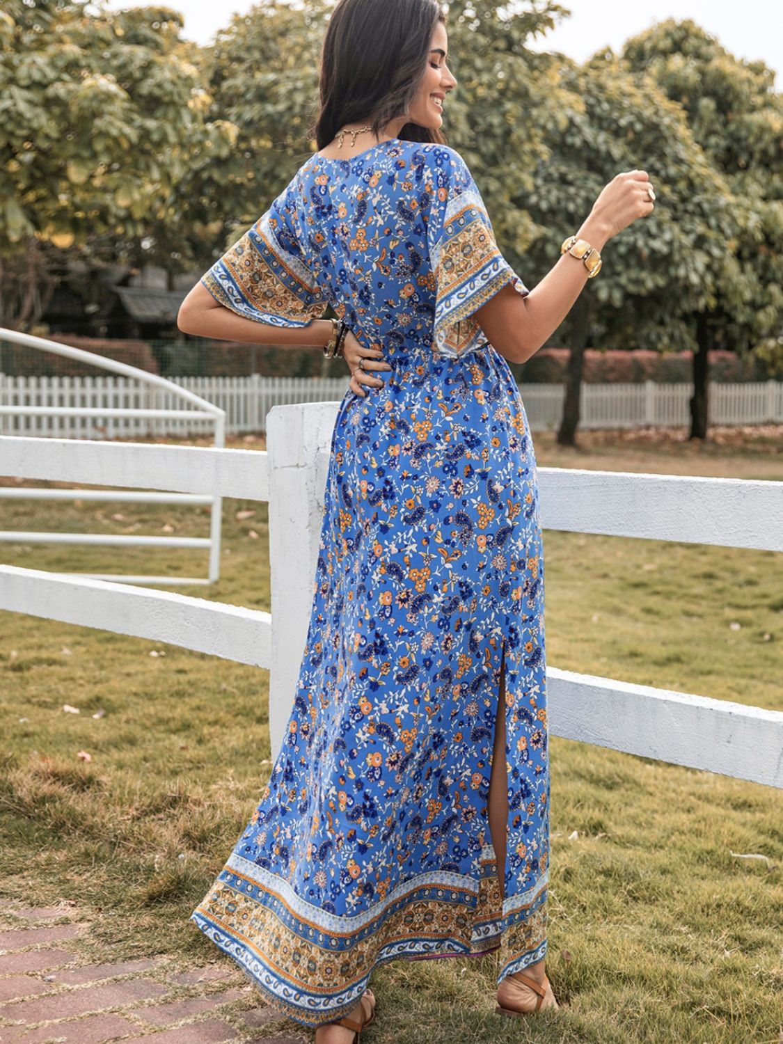 Slit Printed V-Neck Half Sleeve Maxi Dress - Mervyns