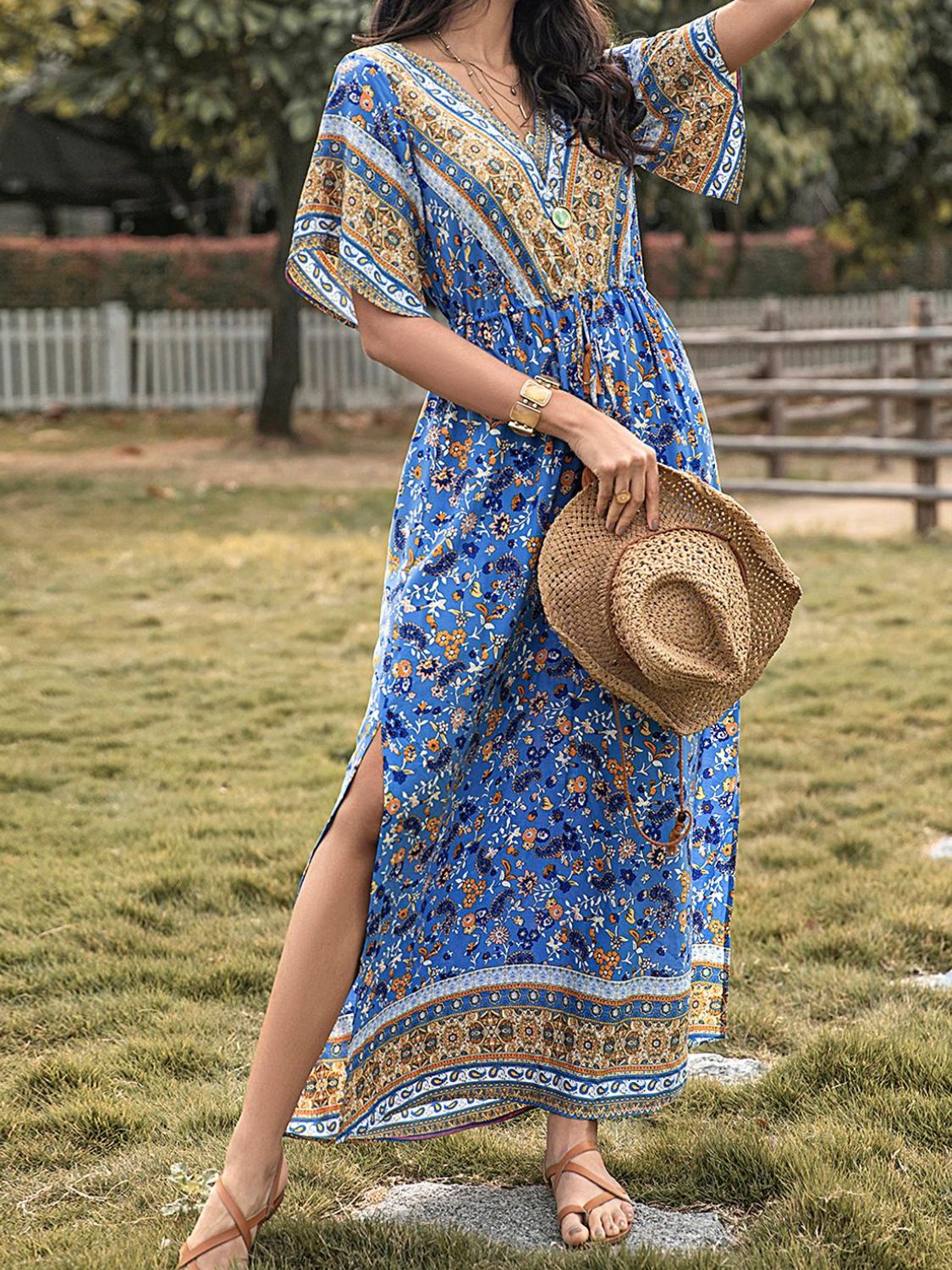 Slit Printed V-Neck Half Sleeve Maxi Dress - Mervyns