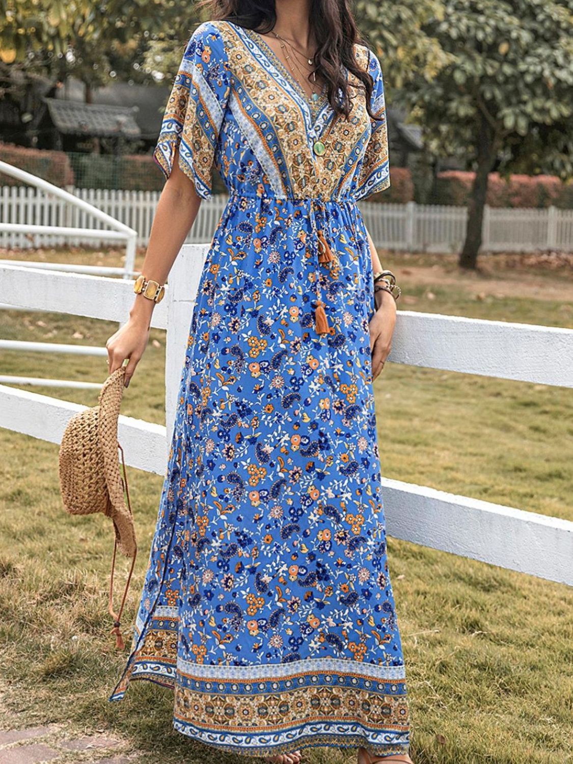 Slit Printed V-Neck Half Sleeve Maxi Dress - Mervyns