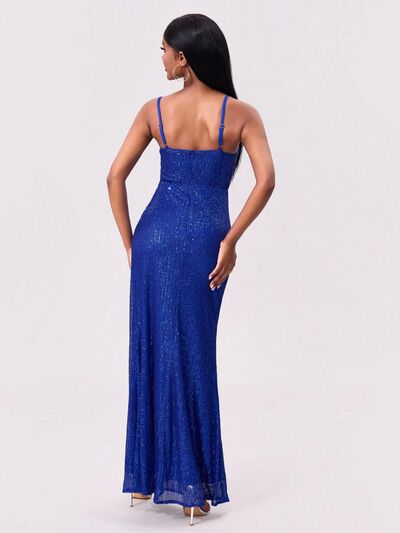 Slit Sequin Square Neck Spaghetti Strap Dress - Mervyns