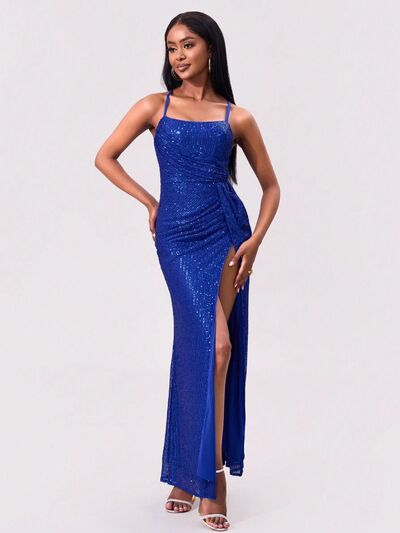 Slit Sequin Square Neck Spaghetti Strap Dress - Mervyns