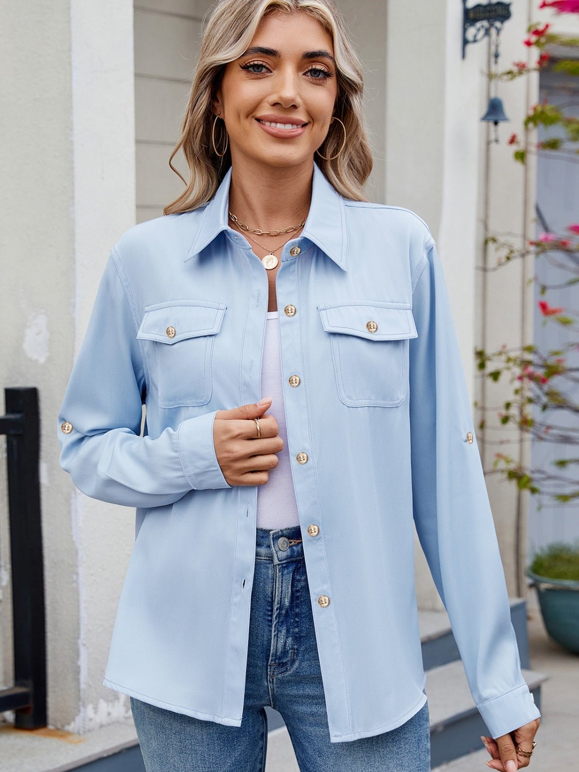 Solid Color Collared Neck Long Sleeve Shirt - Mervyns