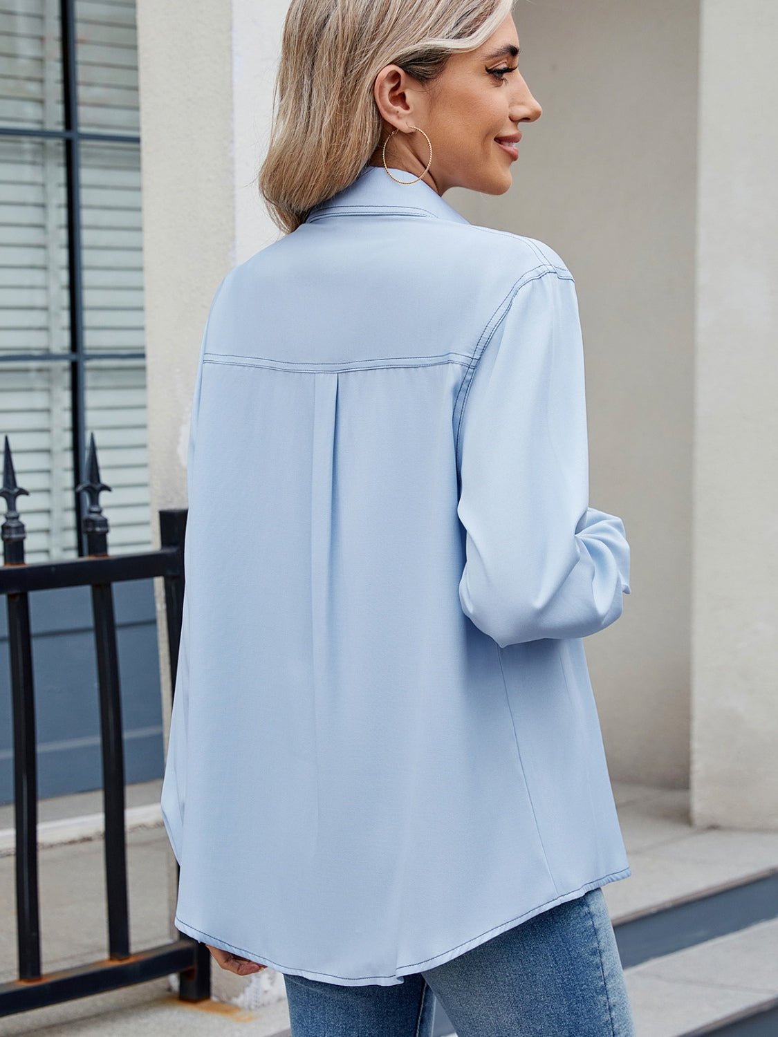 Solid Color Collared Neck Long Sleeve Shirt - Mervyns