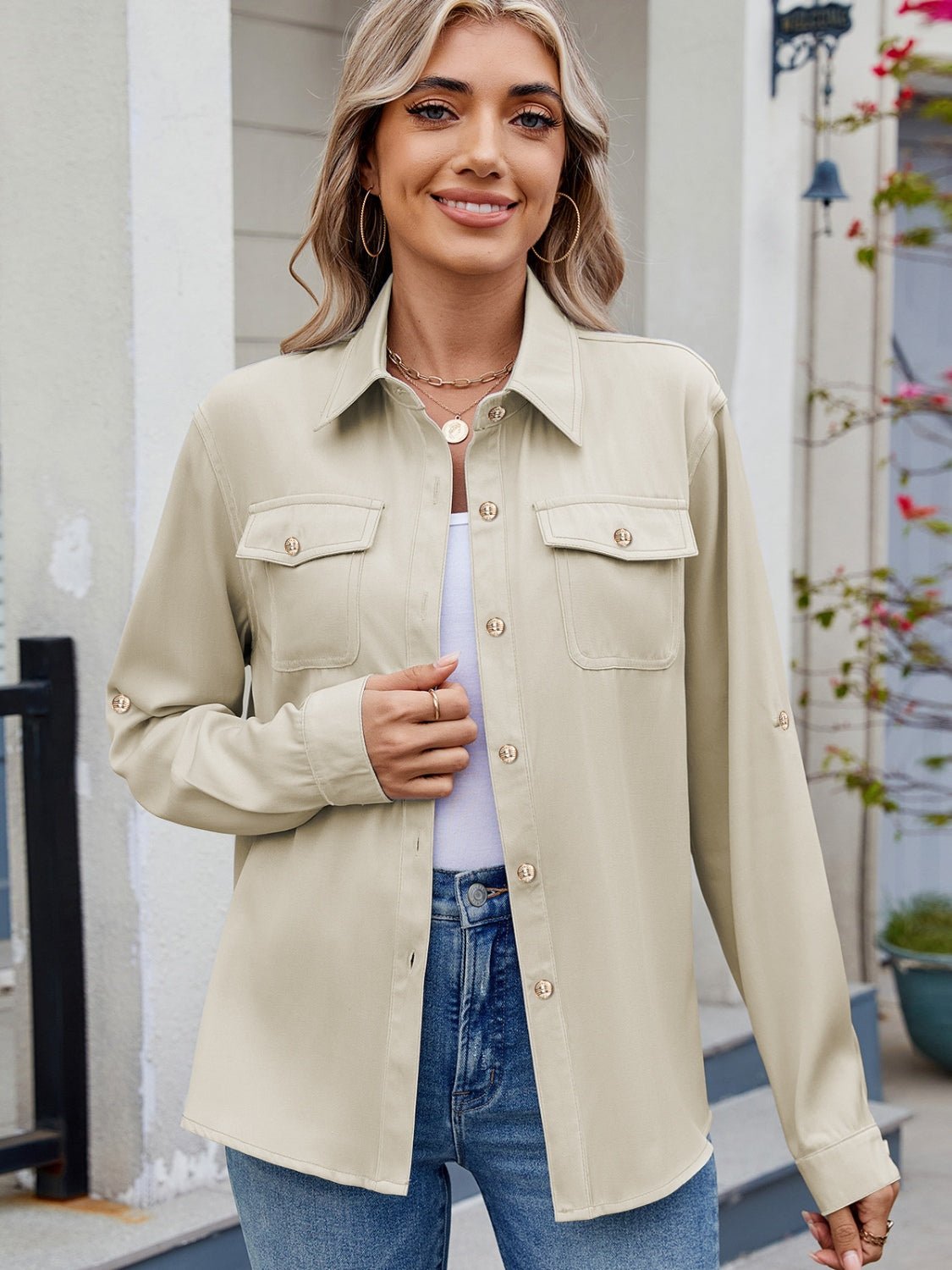 Solid Color Collared Neck Long Sleeve Shirt - Mervyns
