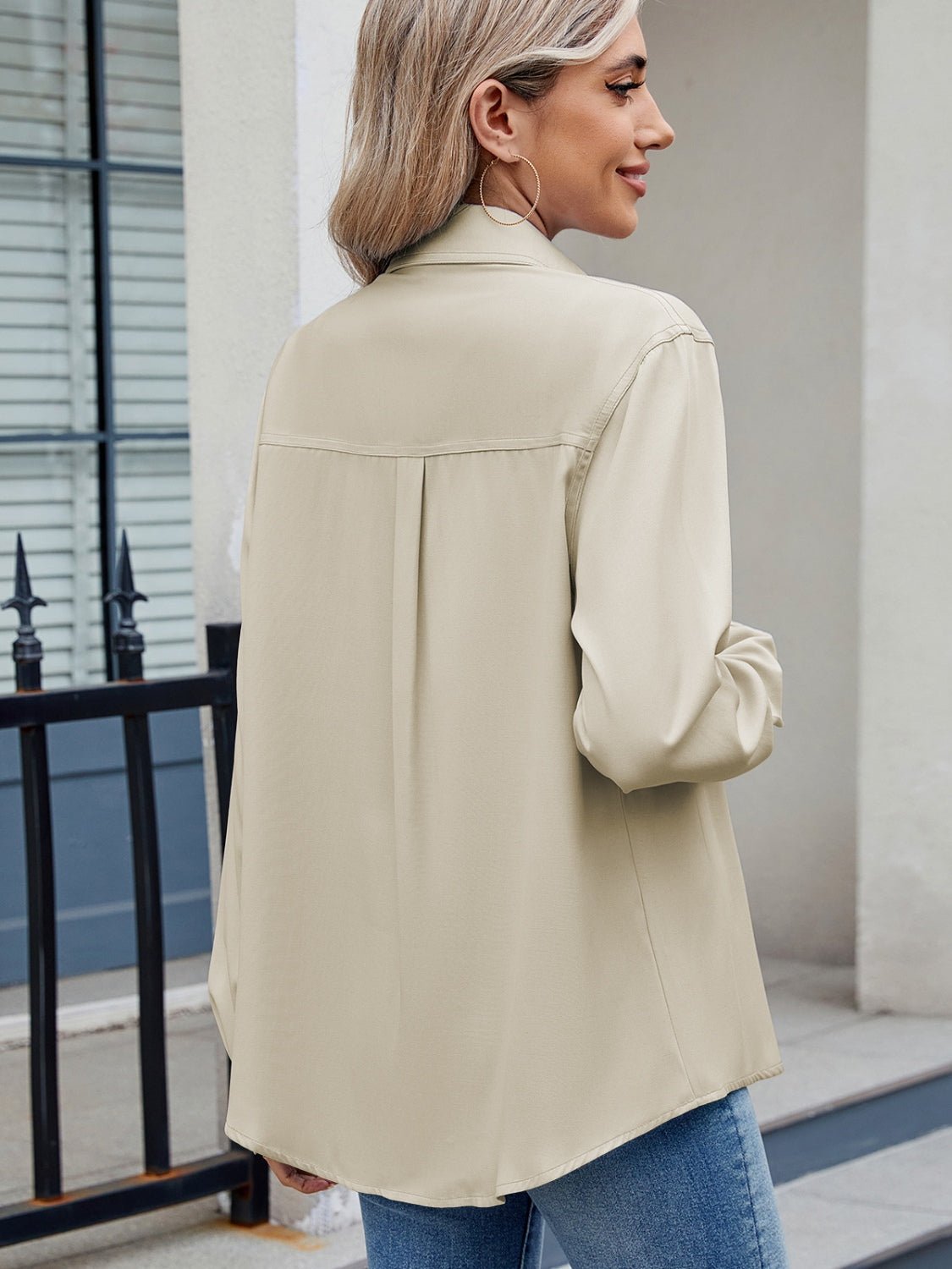 Solid Color Collared Neck Long Sleeve Shirt - Mervyns