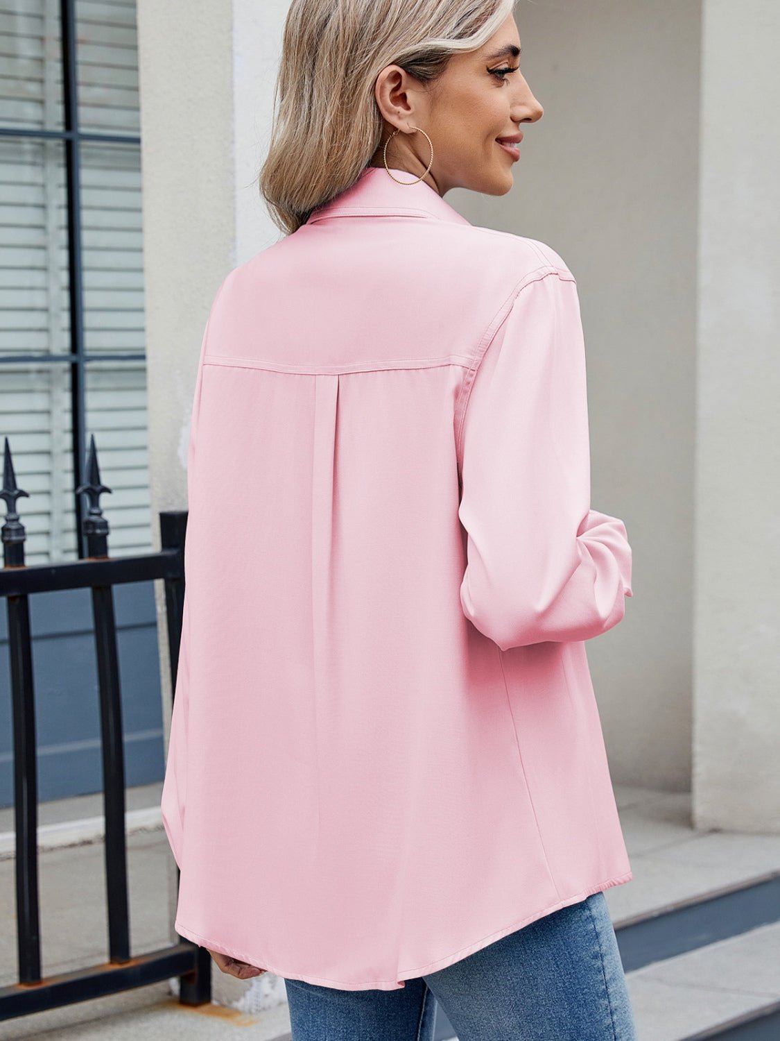 Solid Color Collared Neck Long Sleeve Shirt - Mervyns