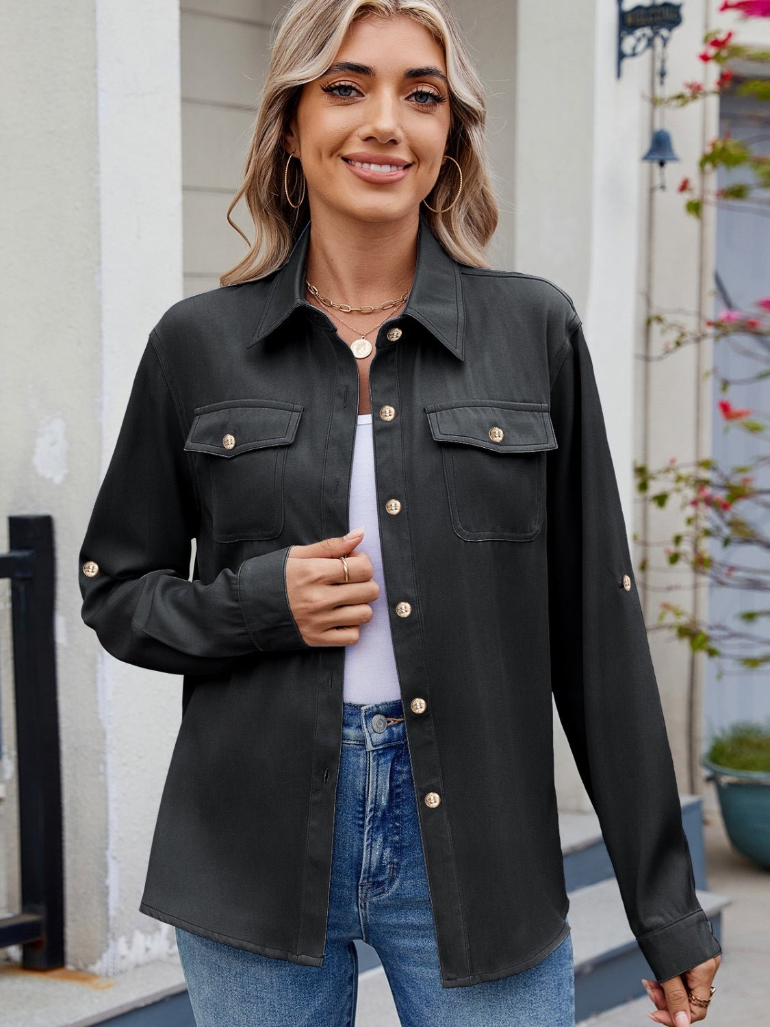 Solid Color Collared Neck Long Sleeve Shirt - Mervyns