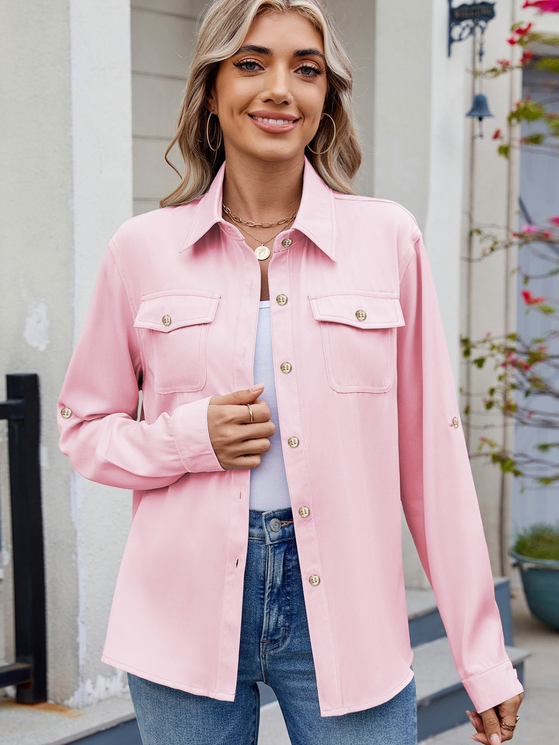 Solid Color Collared Neck Long Sleeve Shirt - Mervyns
