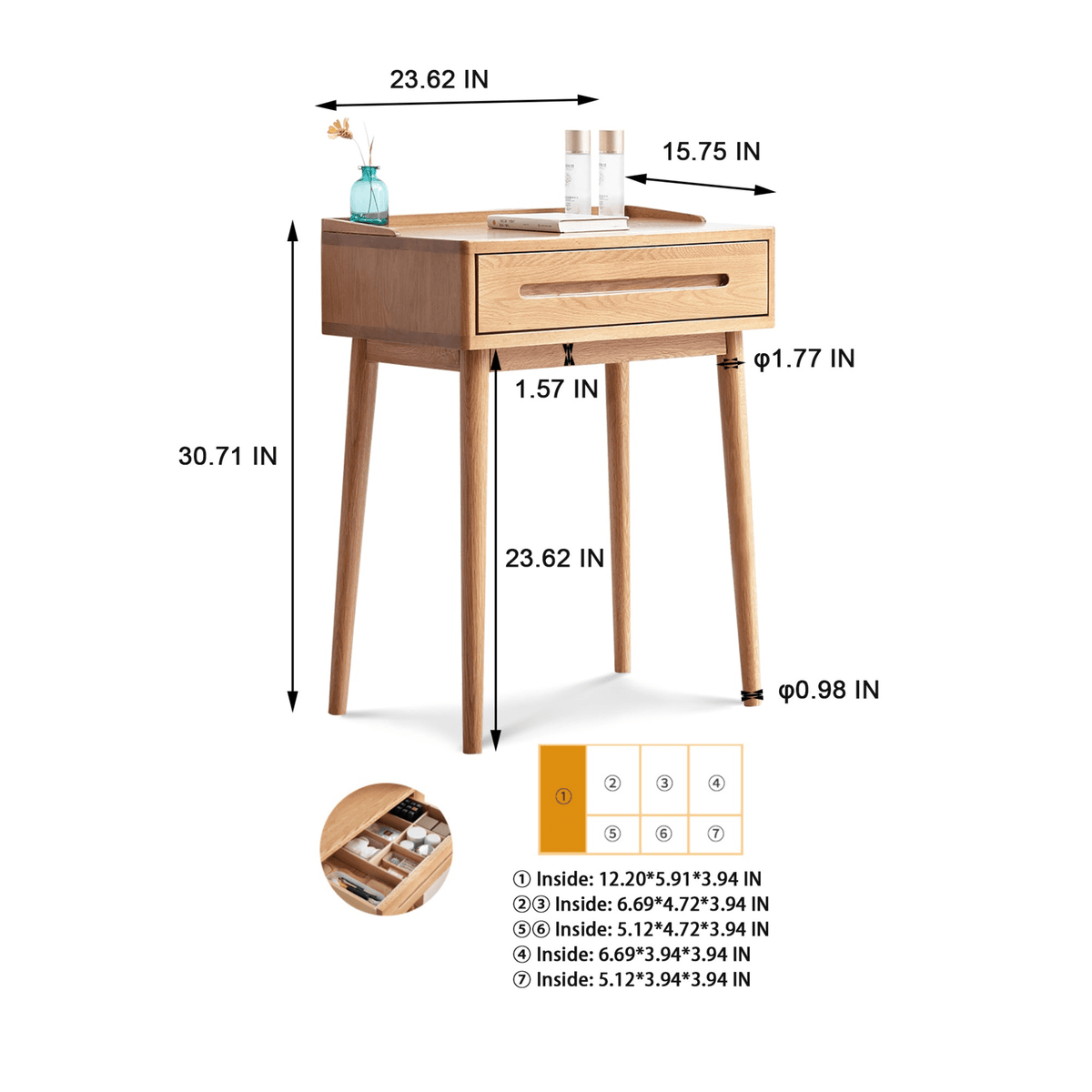 Solid Wood Oak Bistro Table Desk with Storage Drawer and Natural Finish, 60cm Width - Mervyns