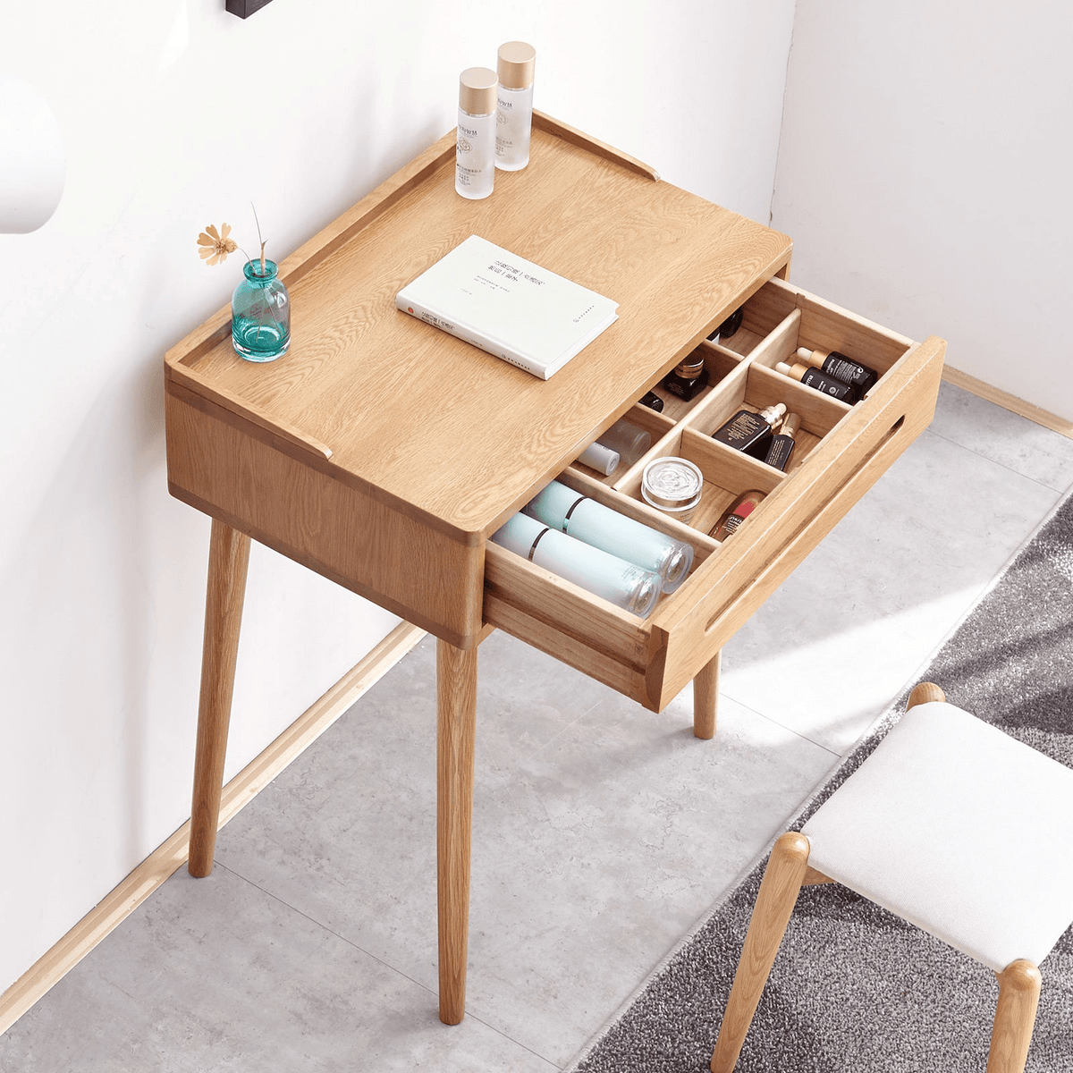 Solid Wood Oak Bistro Table Desk with Storage Drawer and Natural Finish, 60cm Width - Mervyns