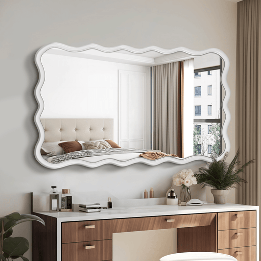 Solid Wood Wavy Rectangle Mirror-Natural-Wood 40' x 28' Modern Mirror Wall Decor for Bathroom, Bedroom, Living Room, Dining Room, Cloakroom, Entryway - Mervyns