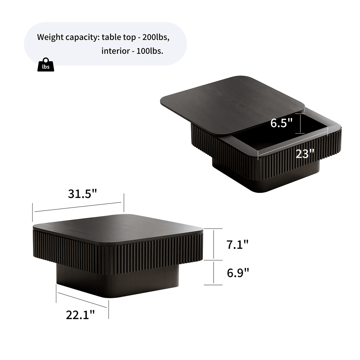 Square Coffee Table with Storage, Solid Wood Veneer Modern Accent Tea Table - Mervyns