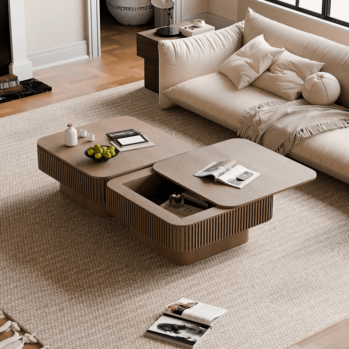 Square Coffee Table with Storage, Solid Wood Veneer Modern Accent Tea Table - Mervyns