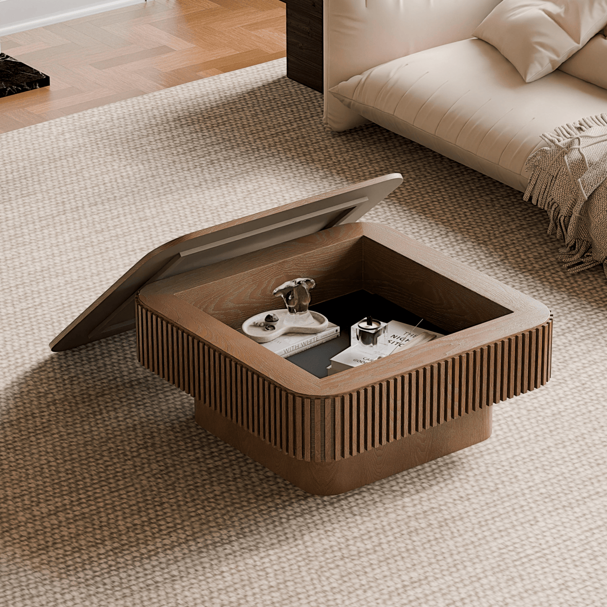 Square Coffee Table with Storage, Solid Wood Veneer Modern Accent Tea Table - Mervyns