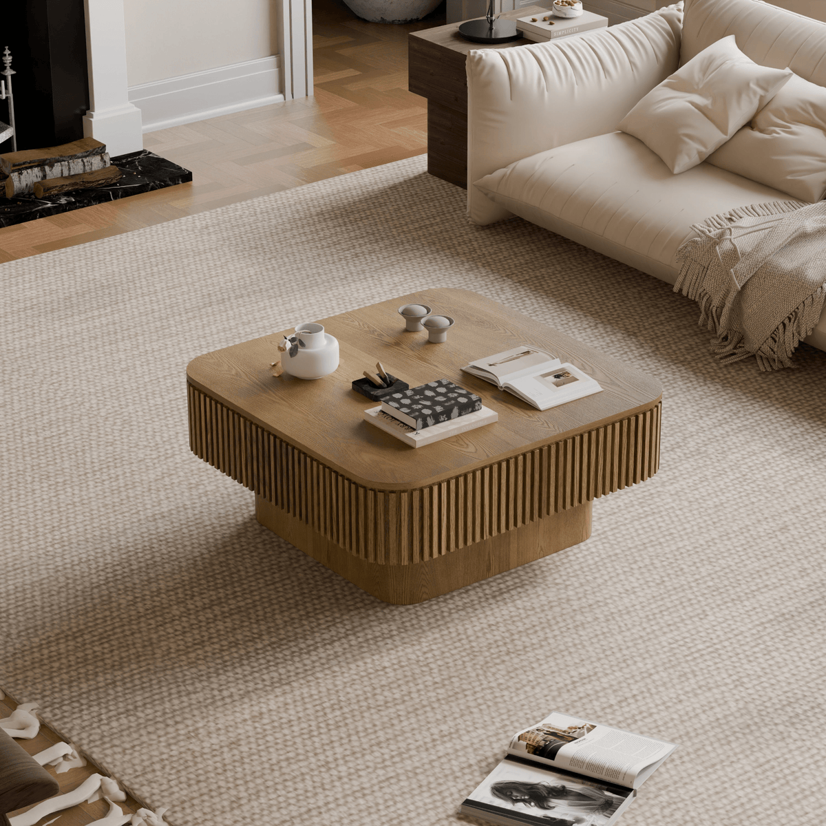 Square Coffee Table with Storage, Solid Wood Veneer Modern Accent Tea Table - Mervyns