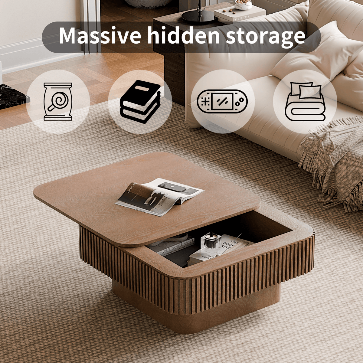 Square Coffee Table with Storage, Solid Wood Veneer Modern Accent Tea Table - Mervyns