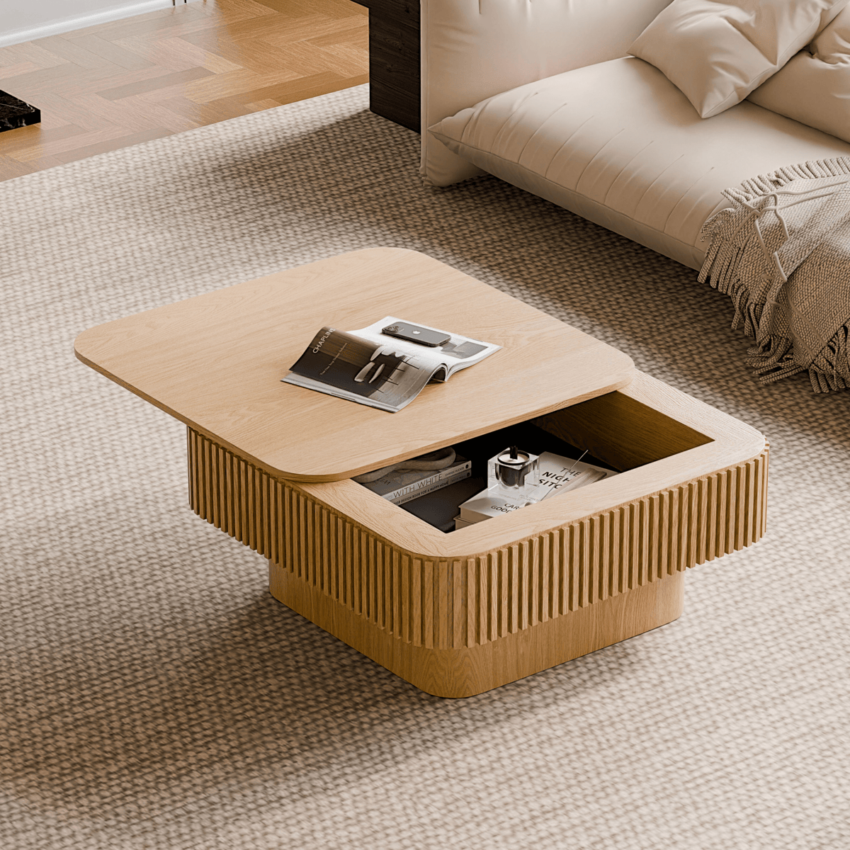 Square Coffee Table with Storage, Solid Wood Veneer Modern Accent Tea Table - Mervyns