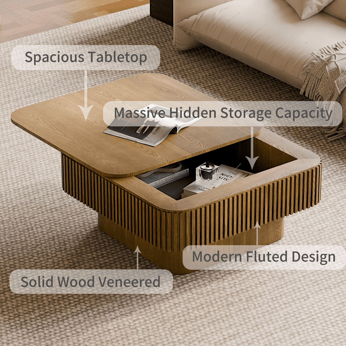 Square Coffee Table with Storage, Solid Wood Veneer Modern Accent Tea Table - Mervyns