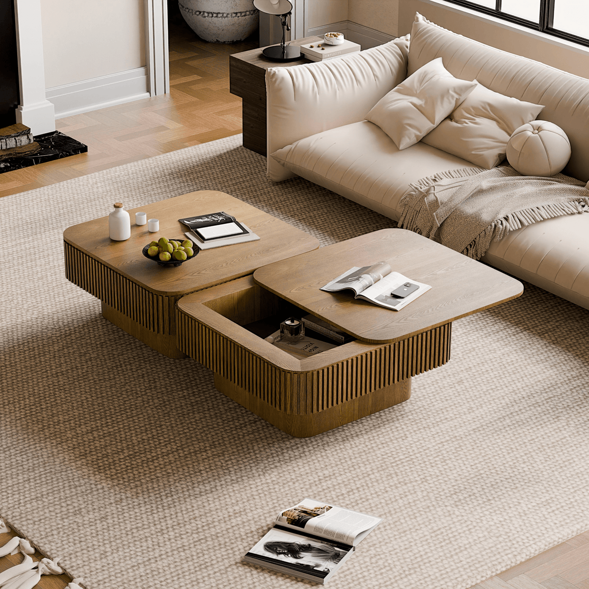 Square Coffee Table with Storage, Solid Wood Veneer Modern Accent Tea Table - Mervyns