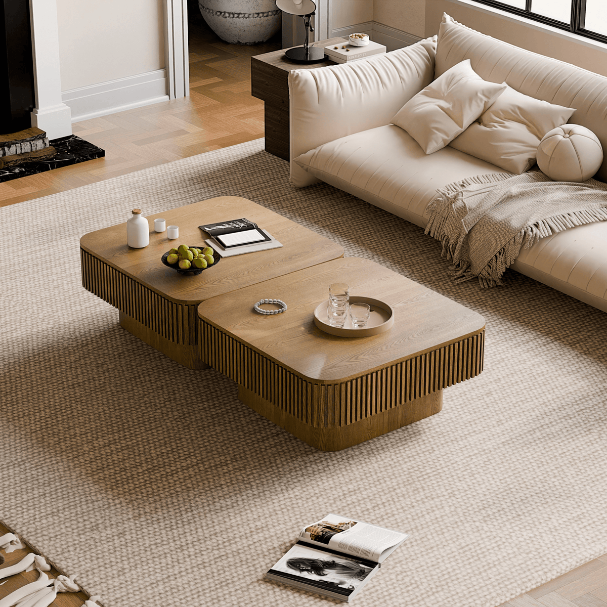 Square Coffee Table with Storage, Solid Wood Veneer Modern Accent Tea Table - Mervyns