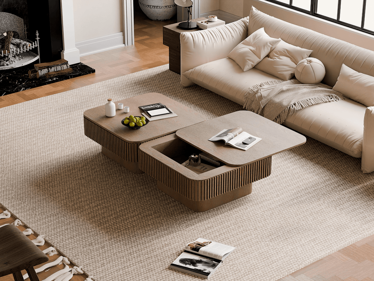 Square Coffee Table with Storage, Solid Wood Veneer Modern Accent Tea Table - Mervyns