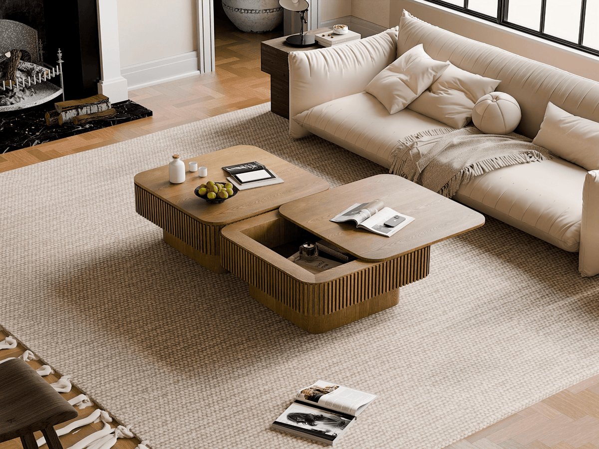 Square Coffee Table with Storage, Solid Wood Veneer Modern Accent Tea Table - Mervyns